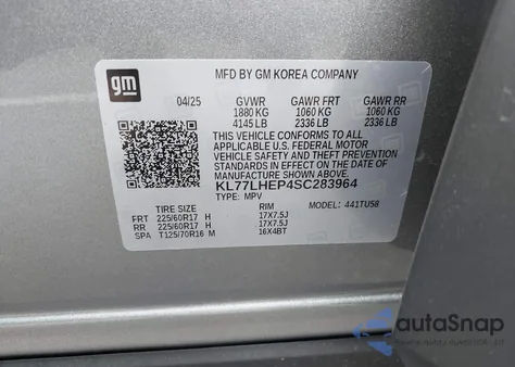 2025 Chevrolet Trax Fwd Lt z USA, uszkodzony, nr VIN KL77LHEP4SC283964